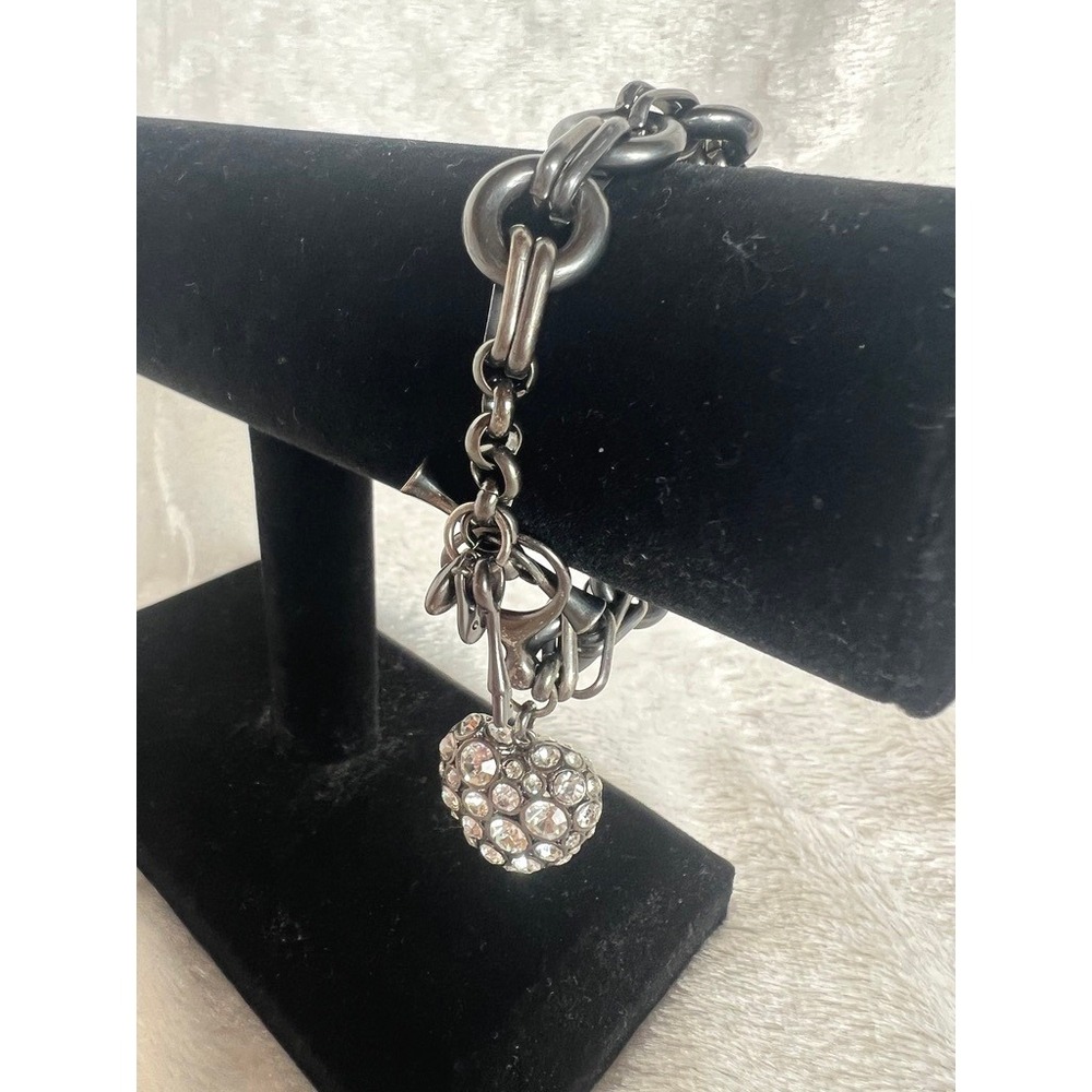 Fossil Charm‎ Bracelet Puffy Rhinestone Heart Black Gunmetal Chain Toggle 7.5"
